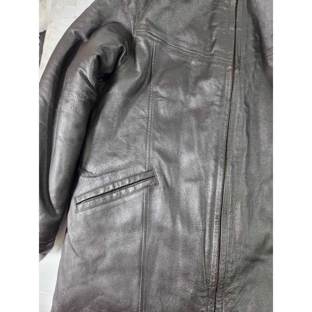 Y2K Vintage Wilsons Maxima Leather Reversible Fur Hooded Long Jacket S McBling - Picture 4 of 8